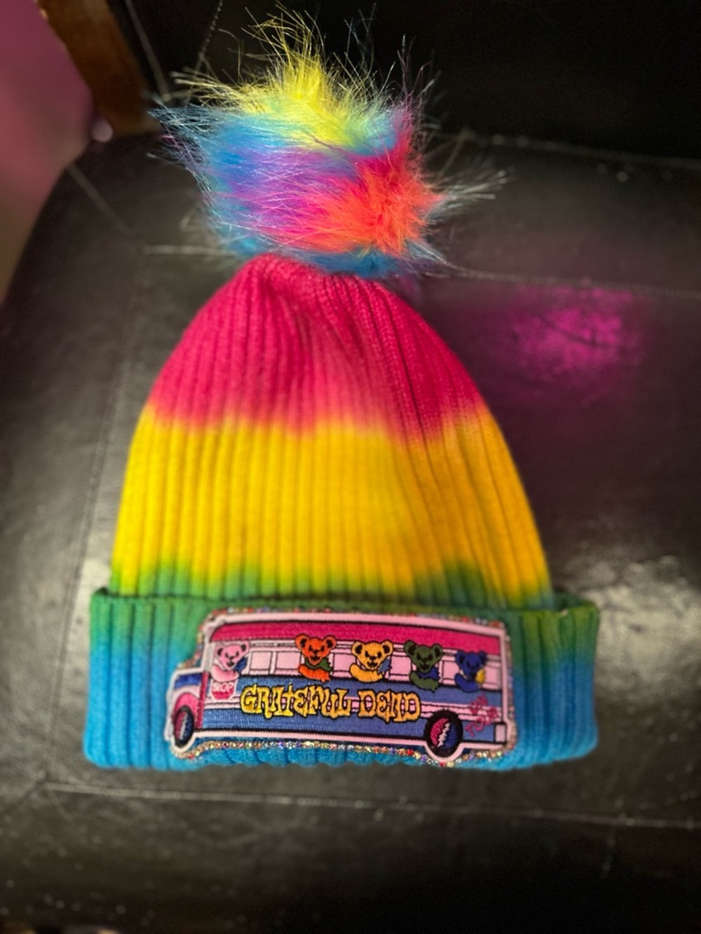 Tie-Dye Pom Beanie w Grateful Dead Bear Bus Logo - Handmade